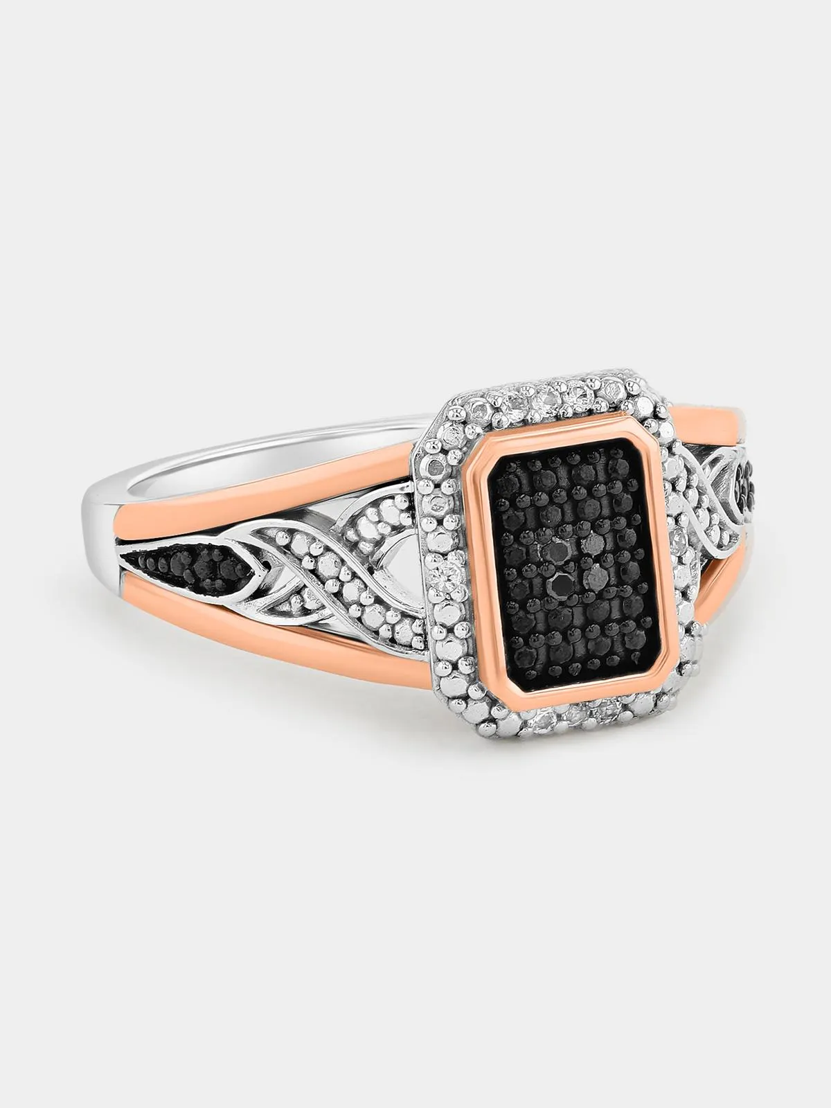 Rose Gold & Sterling Silver Black Diamond Rectangle Halo Ring