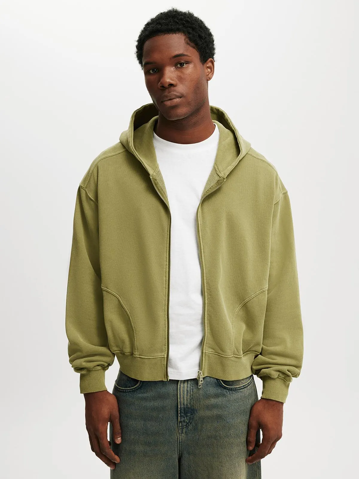 Men's Cotton On Green Cropped Zip Up Hoodie Sweater