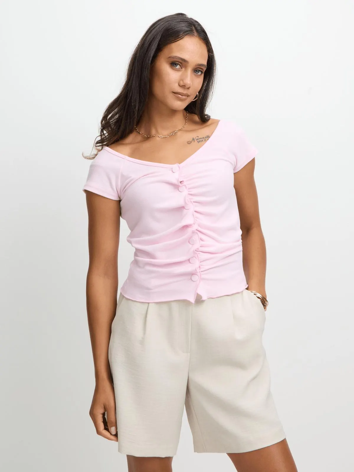 Jet Women's Pink Cinched Button Detail Top