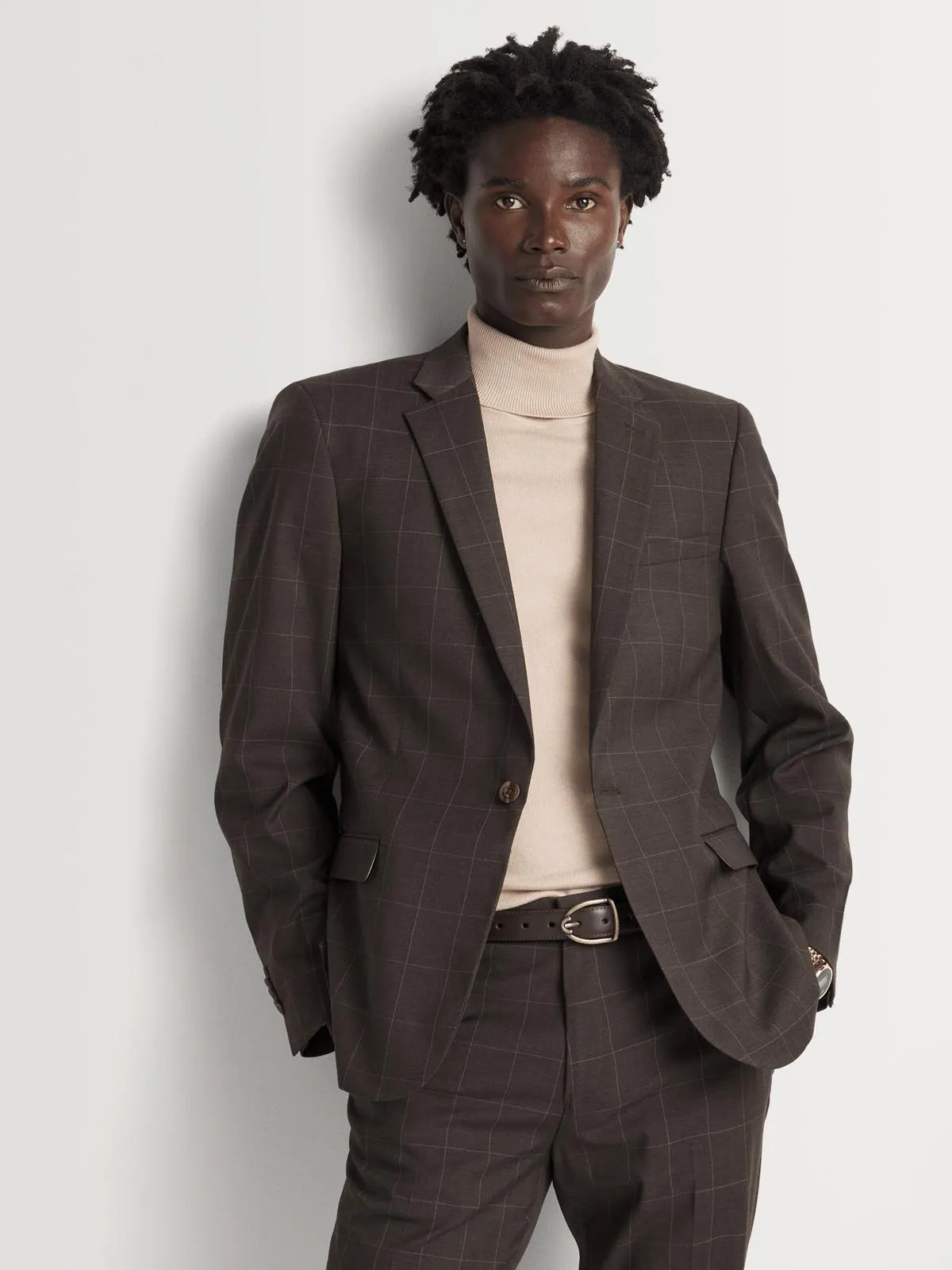 Markham Men's Slim Double Breasted Textured Windowpane Check Brown Suit Jacket