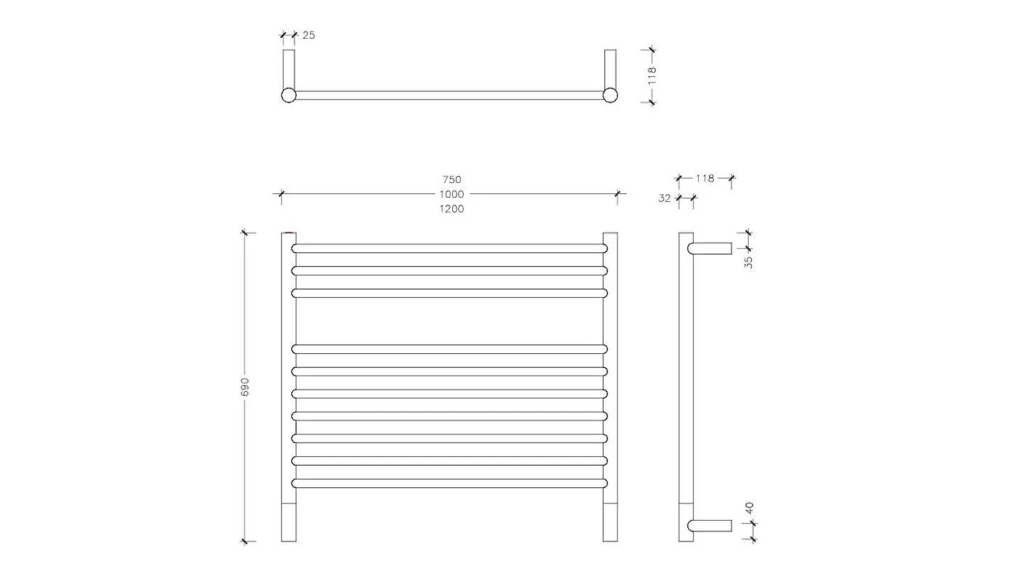 Jeeves Classic K Brushed Stainless Steel Heated Rail 690 x 1200mm