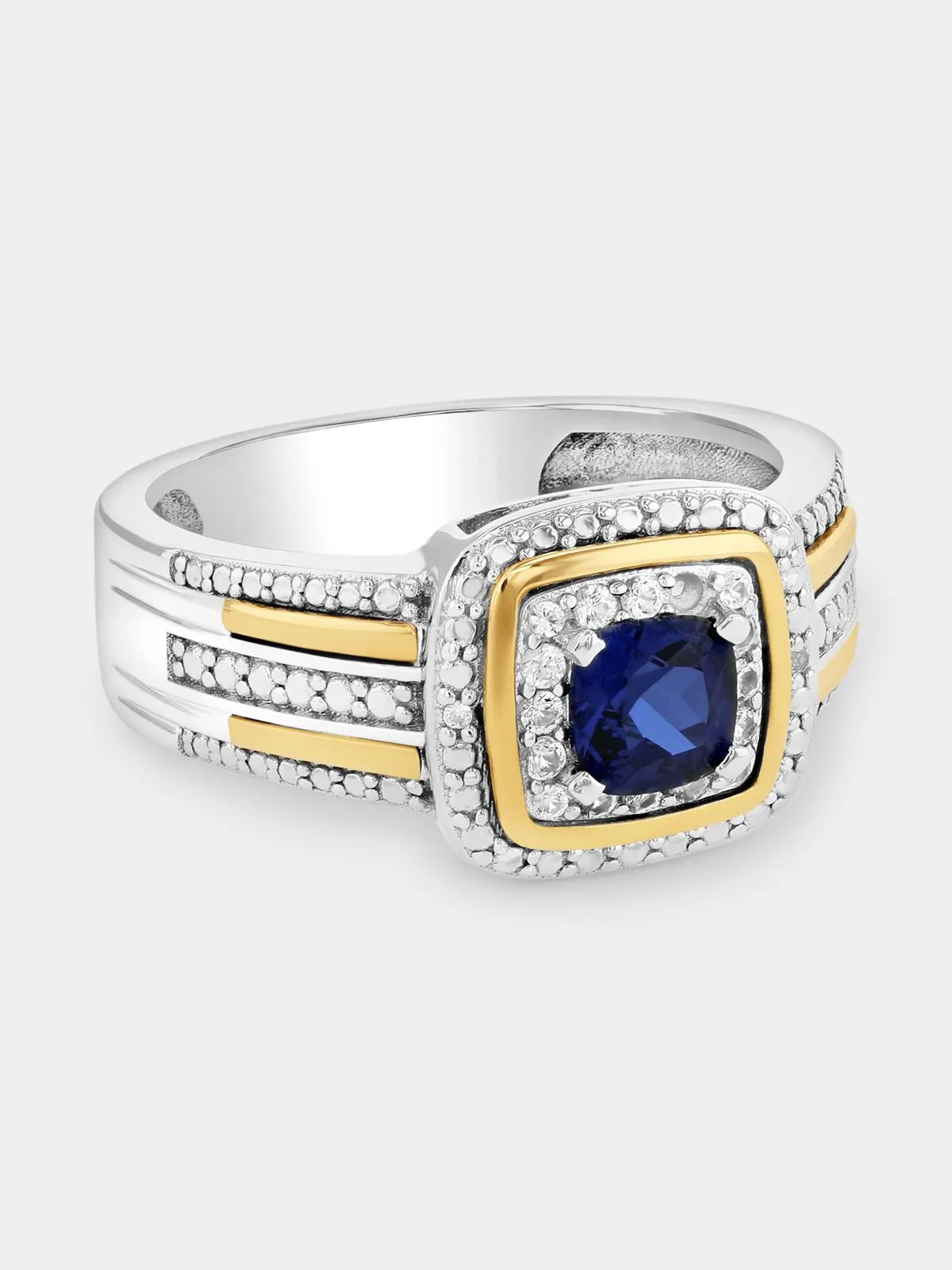 Yellow Gold & Sterling Silver Blue Sapphire Cushion Halo Ring