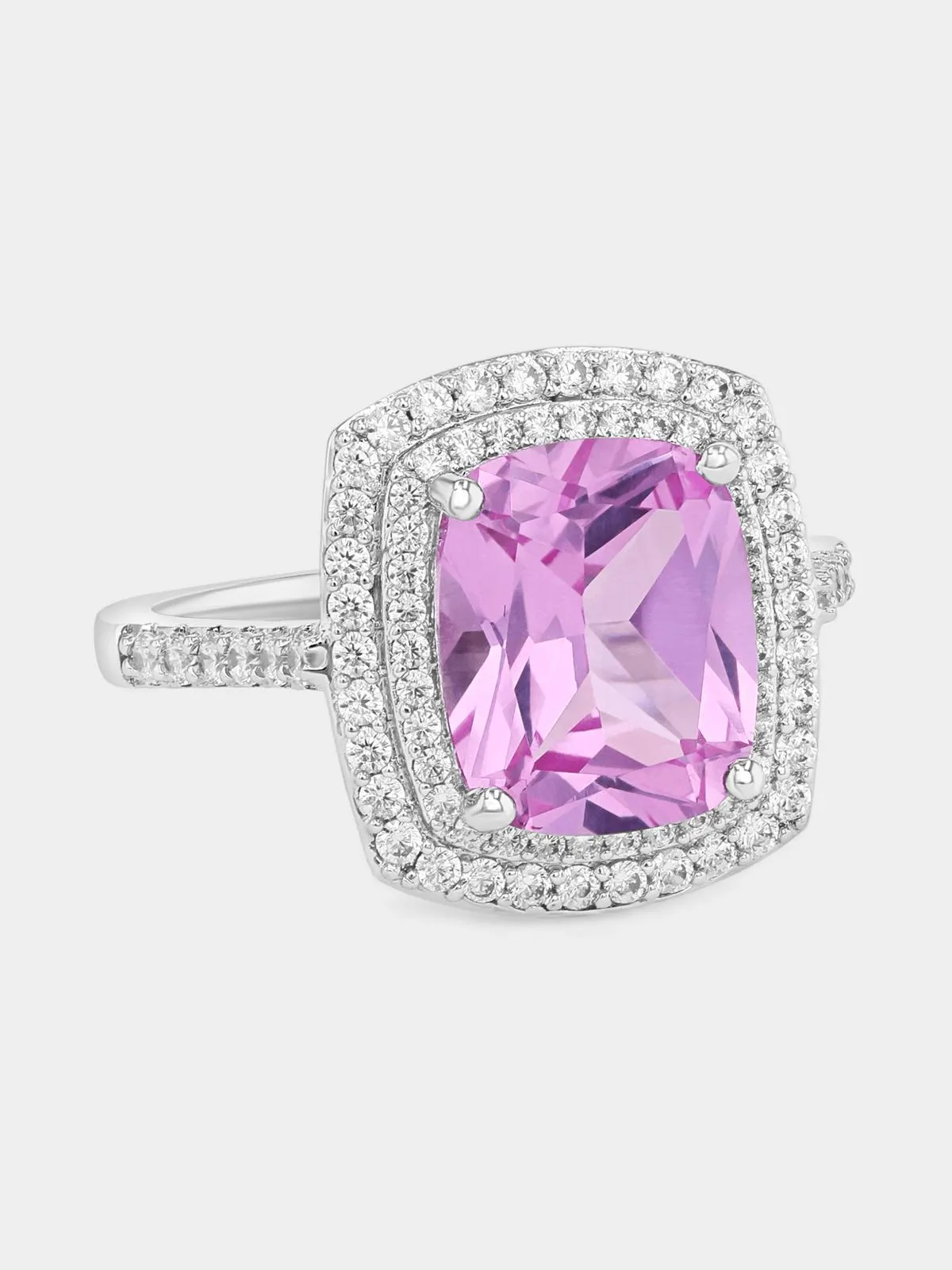 Cheté Sterling Silver Pink Cubic Zirconia Cushion Double Halo Ring