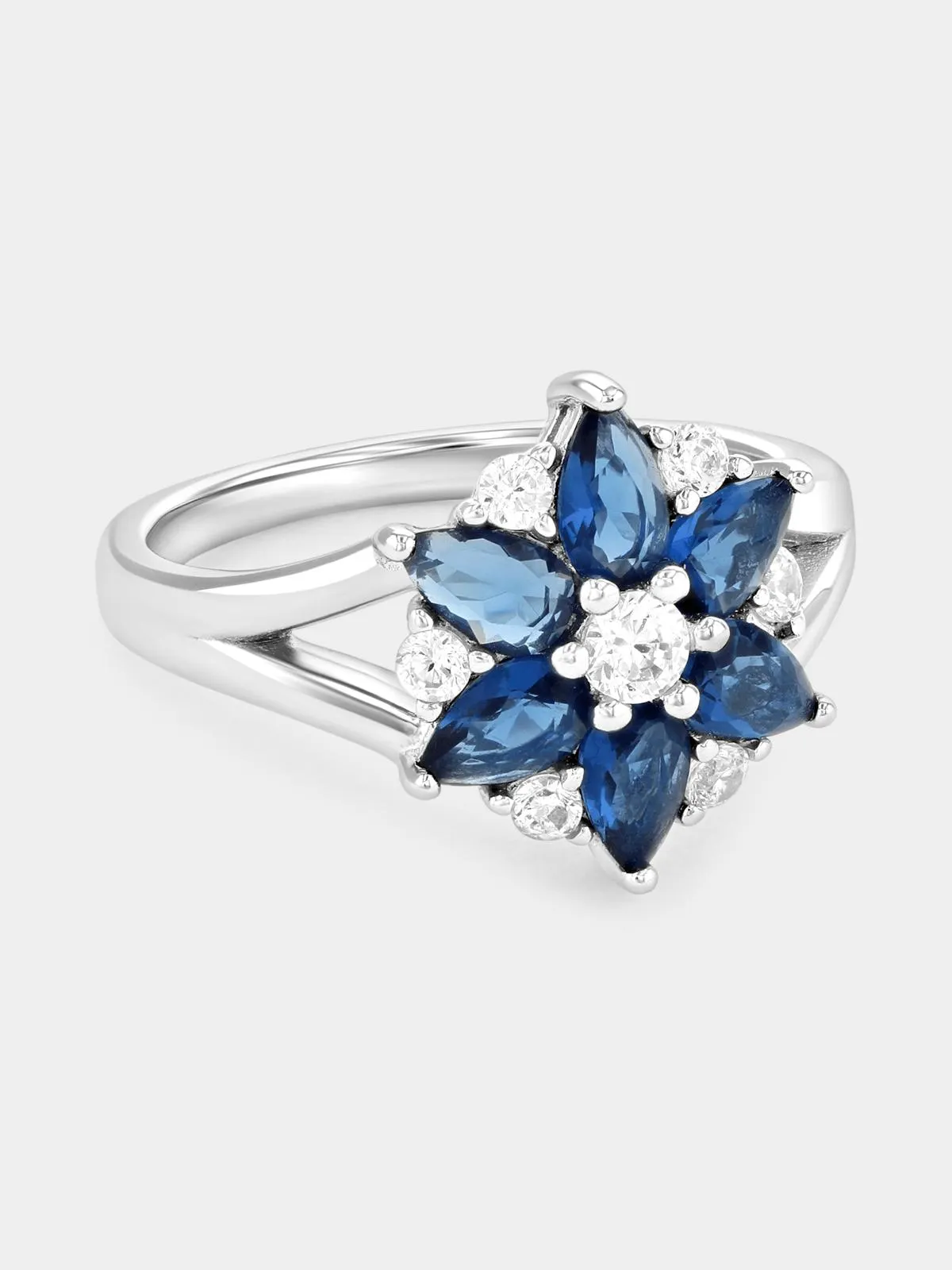 Sterling Silver Sapphire Blue Cubic Zirconia Flower Ring