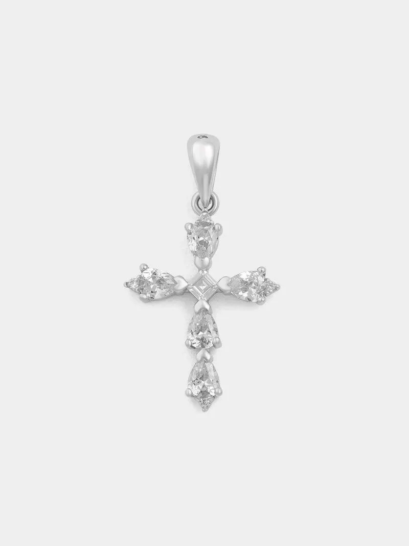 Sterling Silver Cubic Zirconia Pear Cross Pendant Off Chain