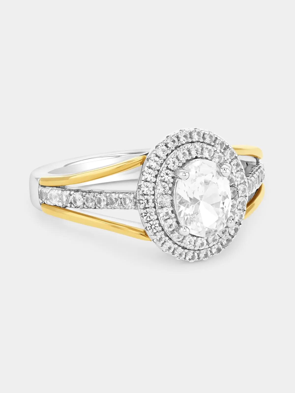 Yellow Gold & Sterling Silver White Sapphire Oval Double Halo