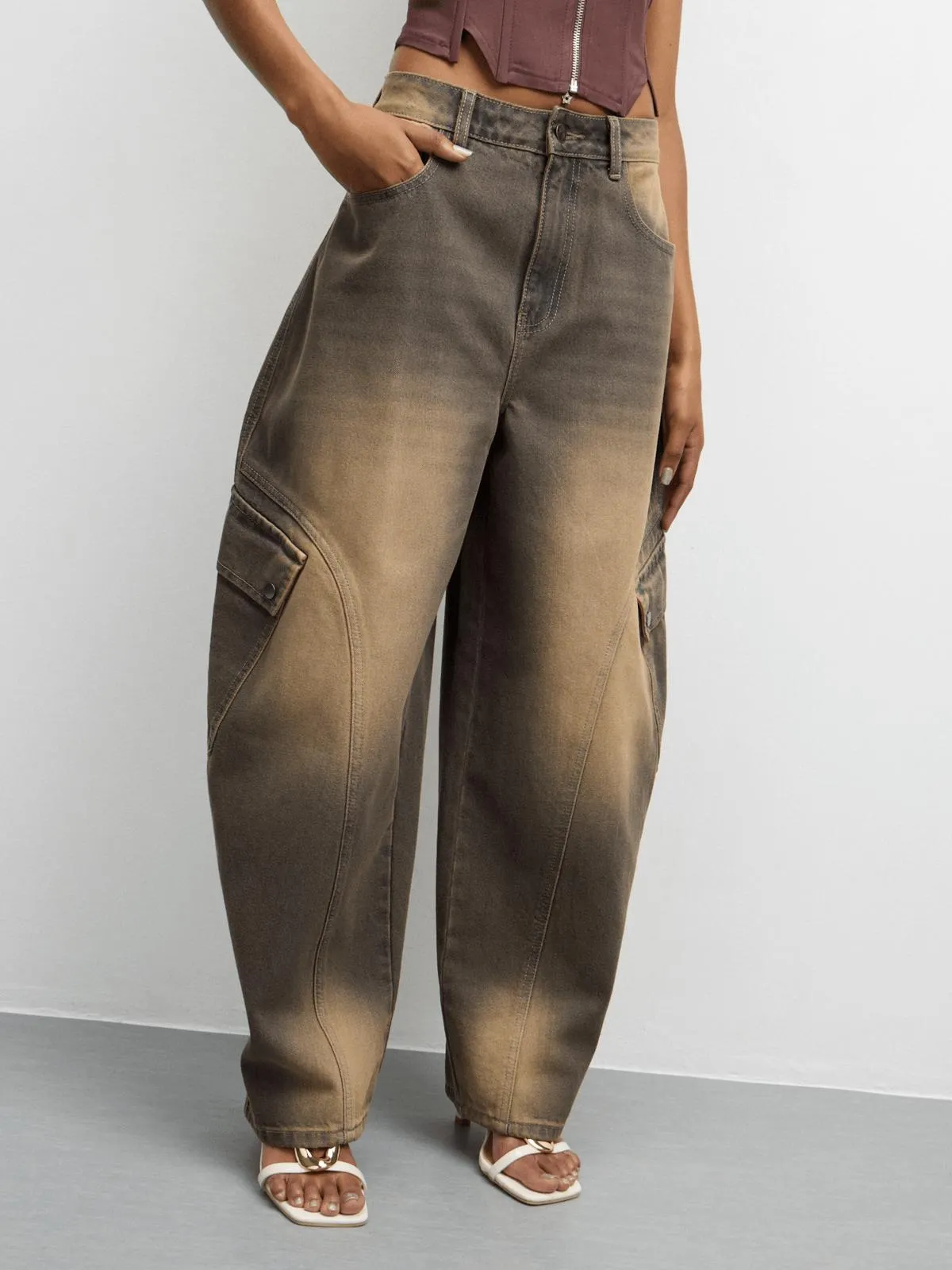 The FIX Women's Brown Cargo Barrel Denim Pants