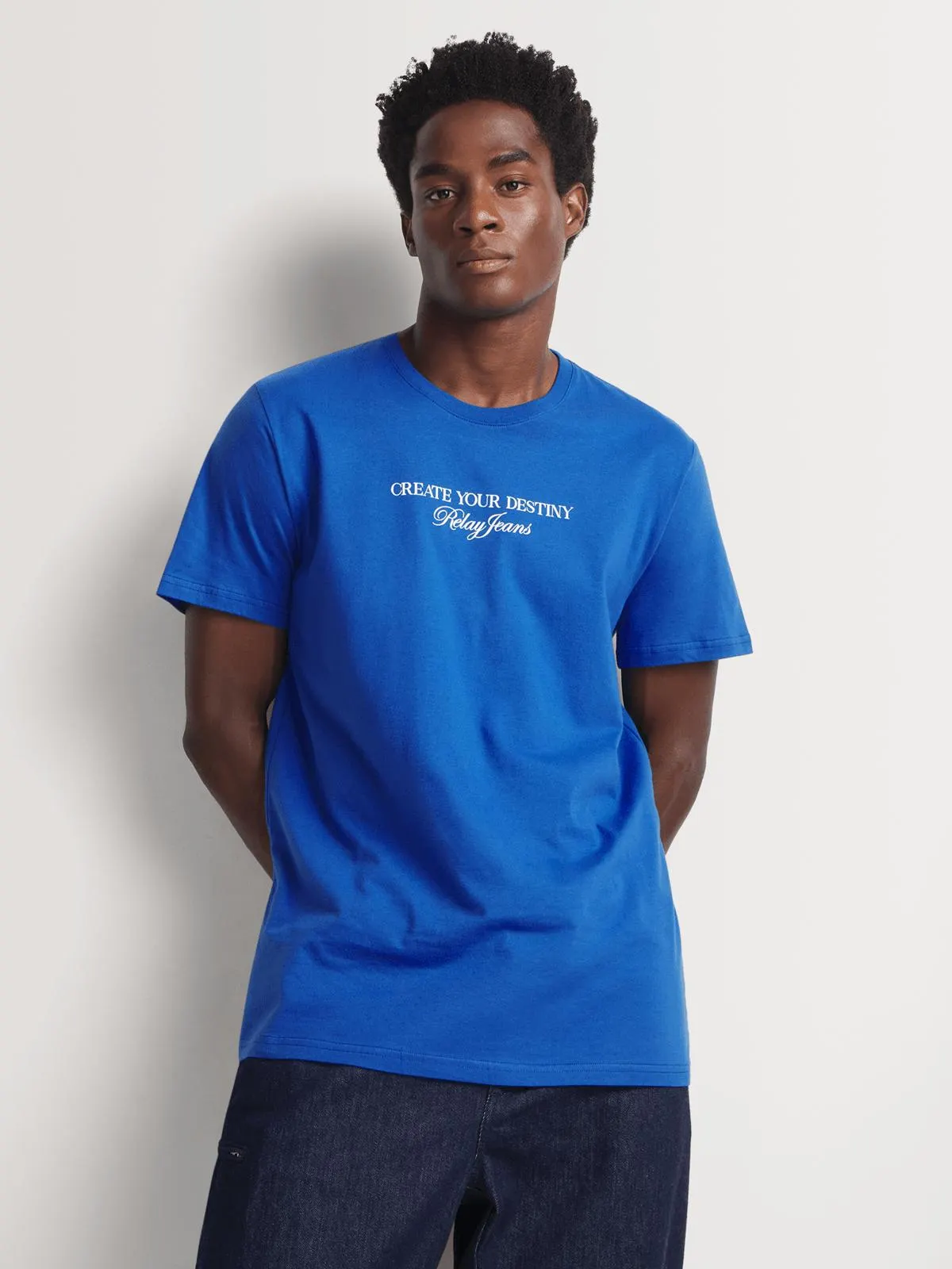 Men's Relay Jeans Slimfit Destiny Slogan Colbalt Graphic T-Shirt