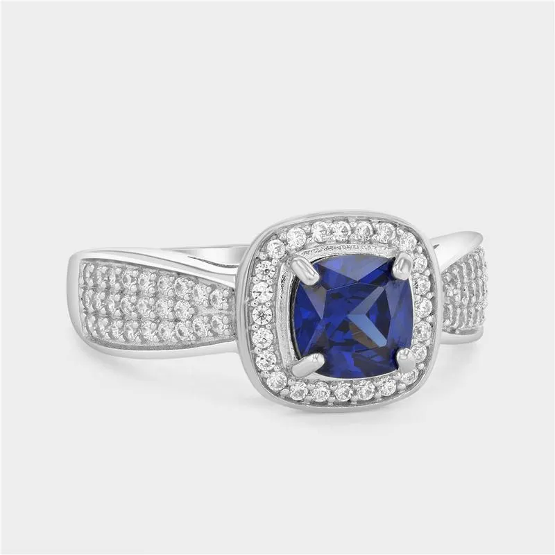 Sterling Silver Sapphire Blue Cubic Zirconia Cushion Halo Ring