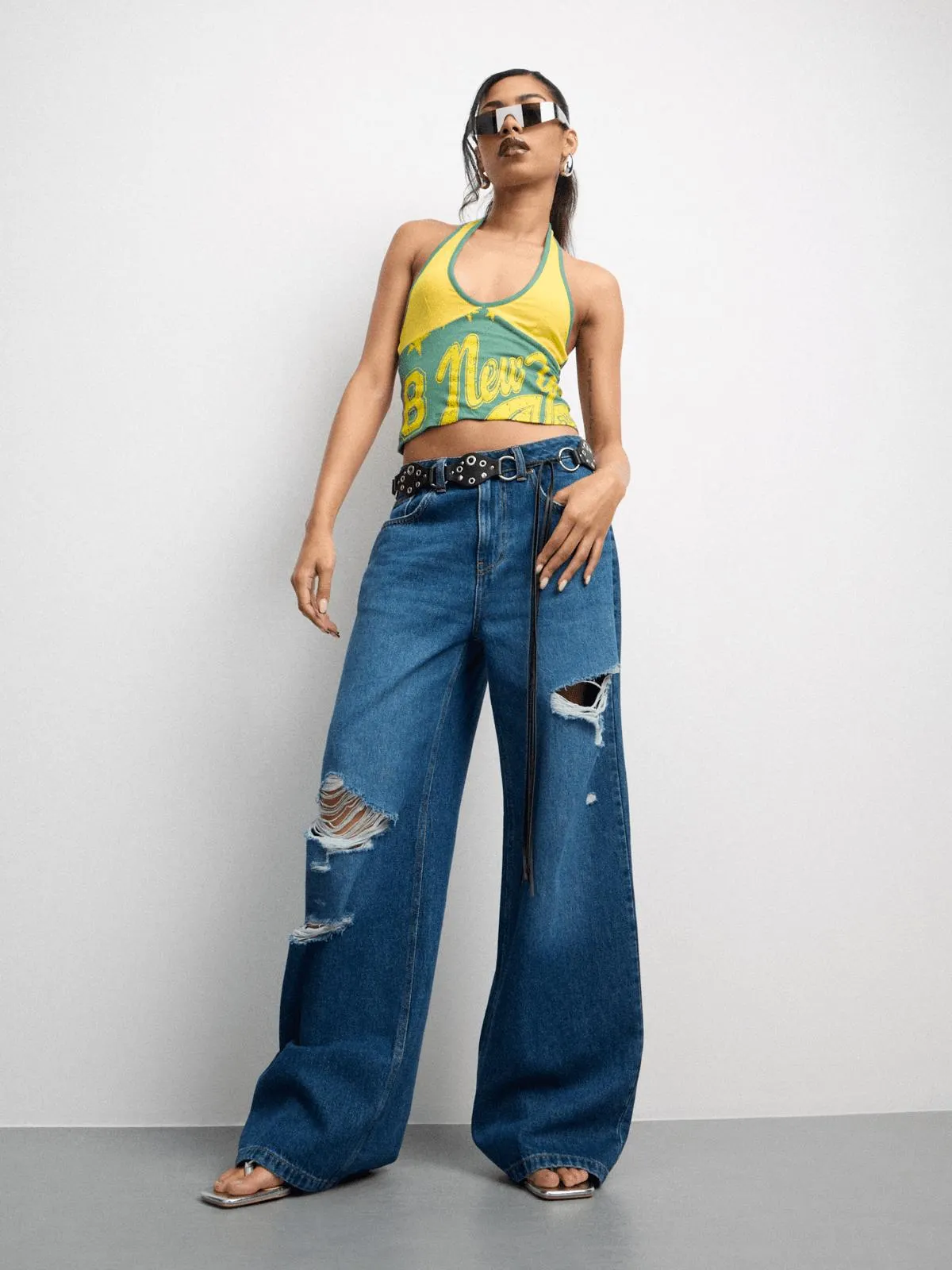 The FIX Women's Mid Wash Rip & Repair Wide Leg Denim Jeans