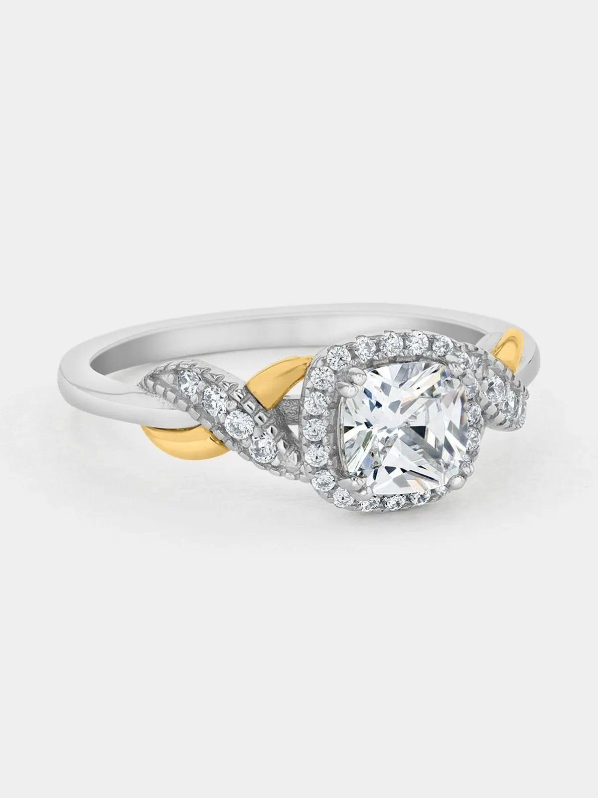 Yellow Gold & Sterling Silver Cubic Zirconia Cushion-Cut Halo Infinity Ring