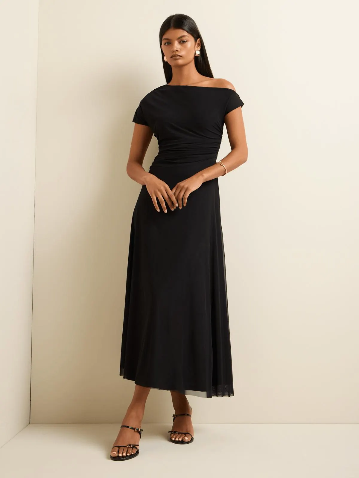 Women's Iconography Asymmetric Neckline Mesh Maxi Dress Black