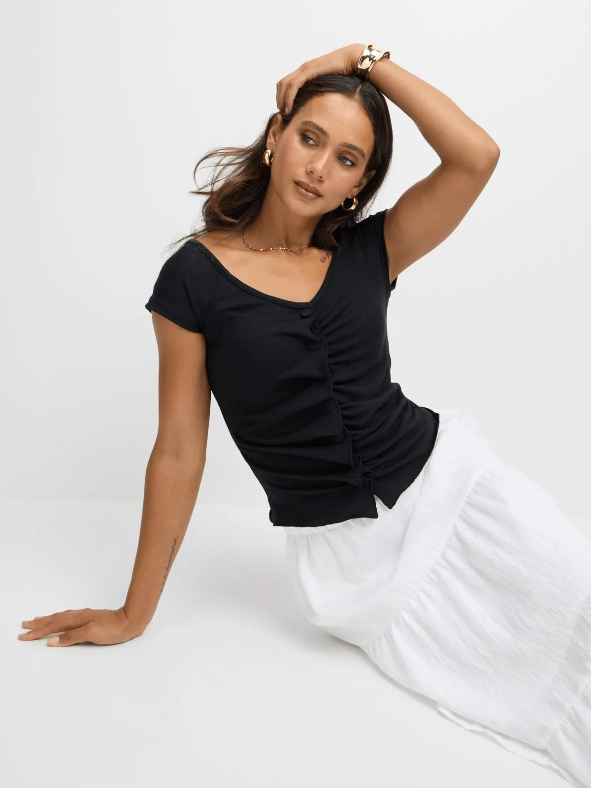 Jet Women's Black Cinched Button Detail Top