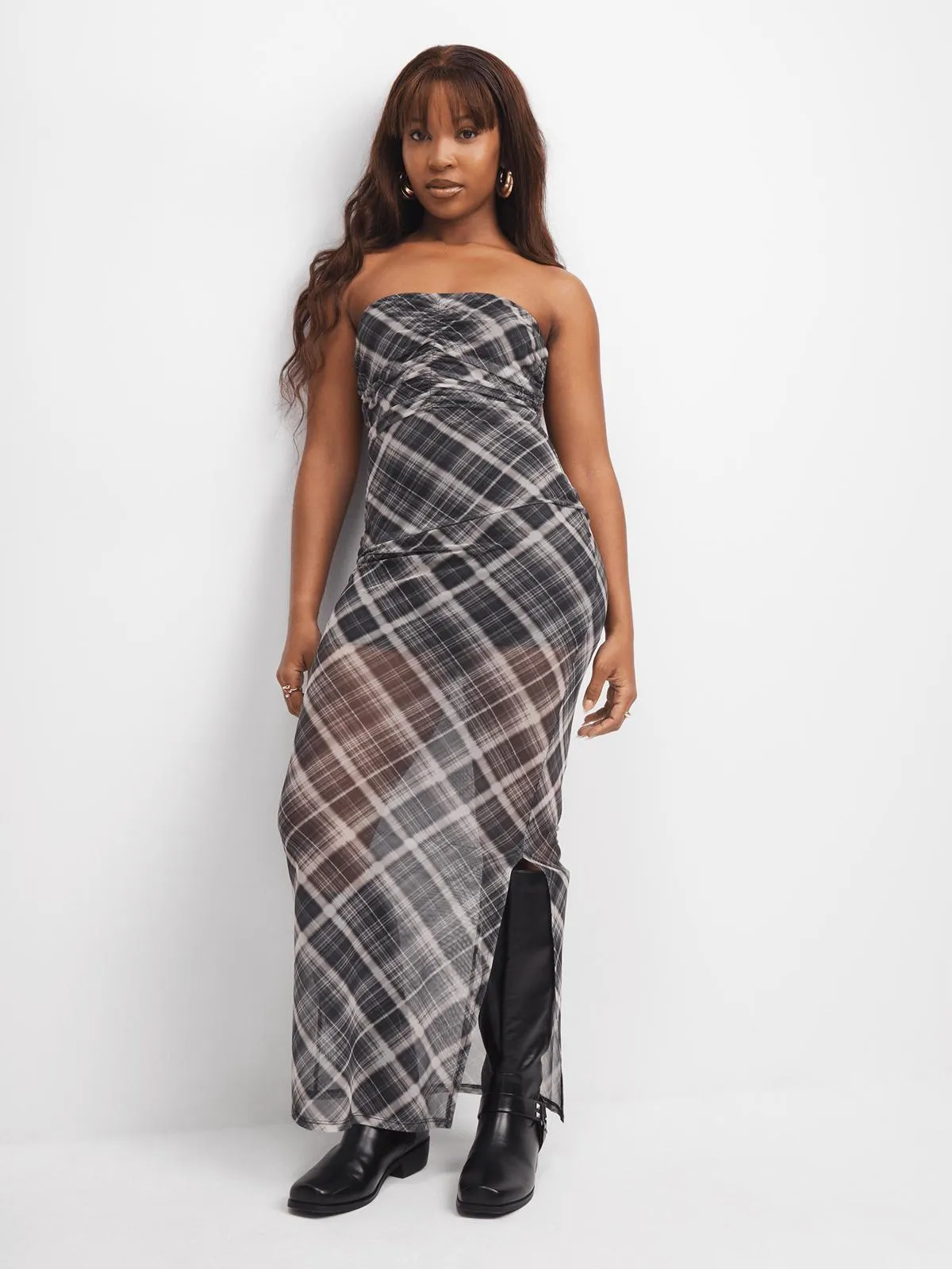 The FIX Women's Black Check Printed Mesh Midaxi Dress