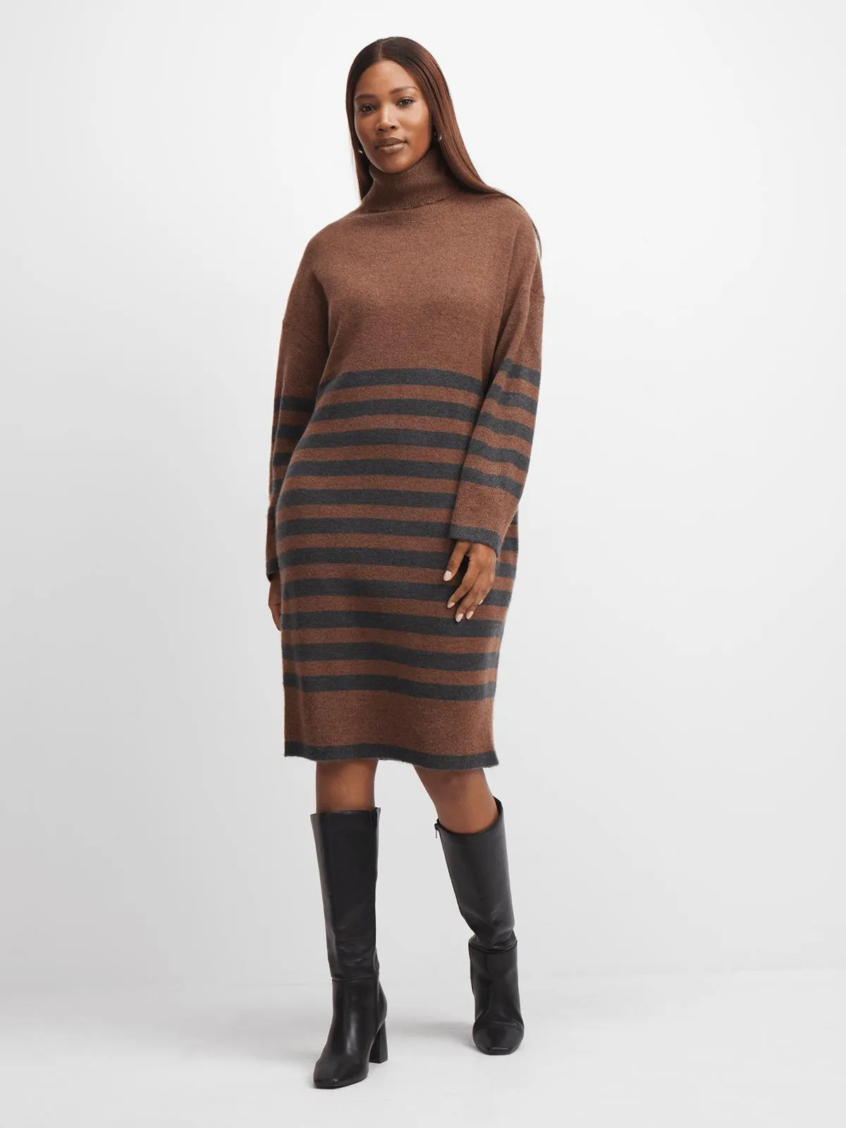 Exact Women's Brown Striped Roll-neck Dress