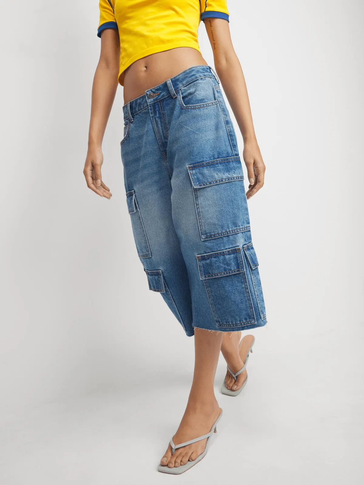 The FIX Women's Light Wash Long Utility Bermuda Denim Shorts