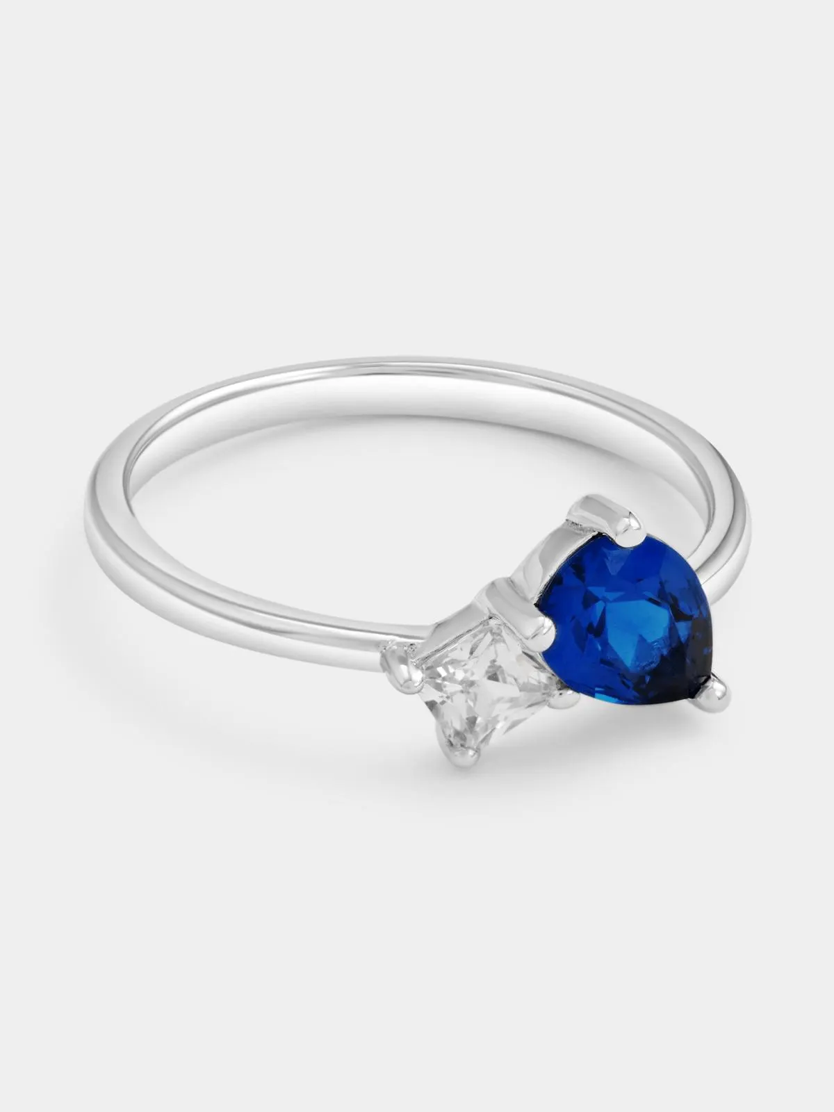 Sterling Silver Blue & White Cubic Zirconia Pear Square Two-Stone Ring