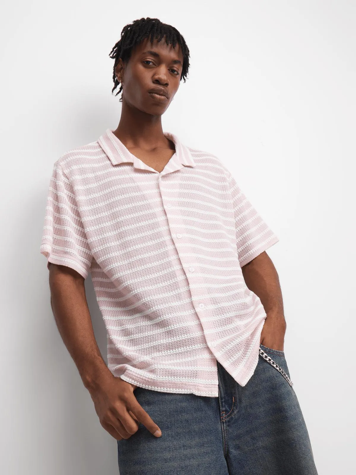 The FIX Men's Pink Striped Crochet Shit