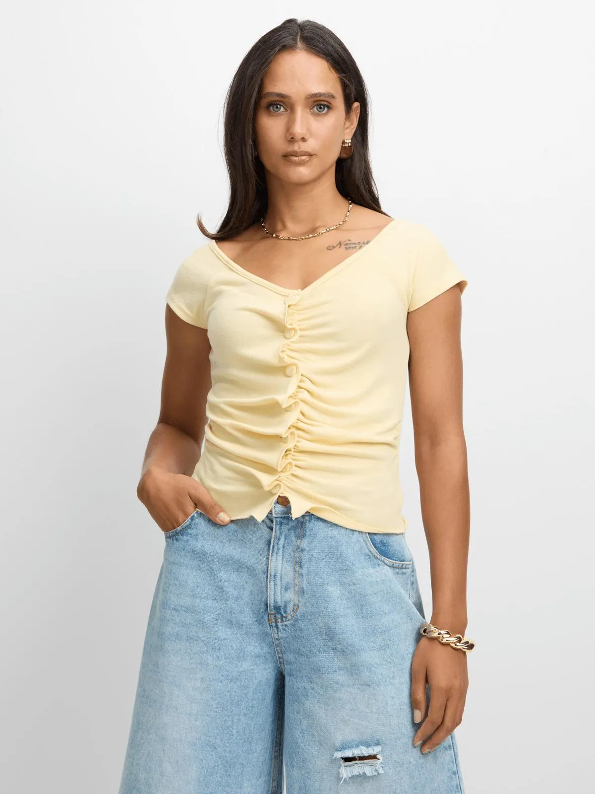 Jet Women's Yellow Cinched Button Detail Top
