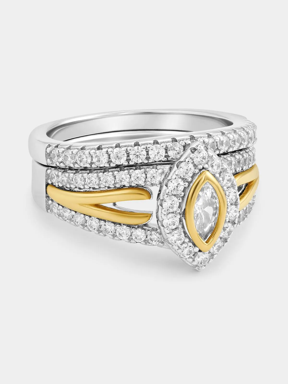 Yellow Gold & Sterling Silver Cubic Zirconia Marquise Halo Twinset Ring