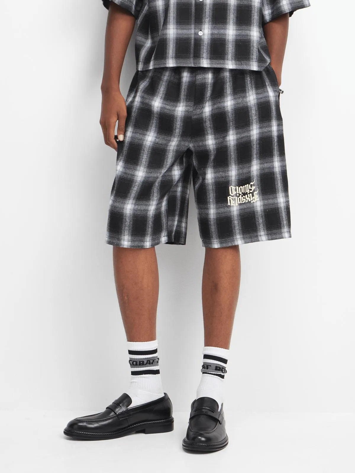 The FIX Men's Black Check Co-Ord Grapgic Shorts
