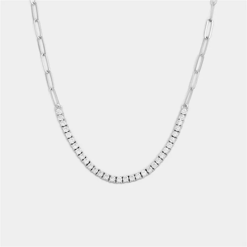 Sterling Silver Cubic Zirconia Paperclip Link Tennis Necklace