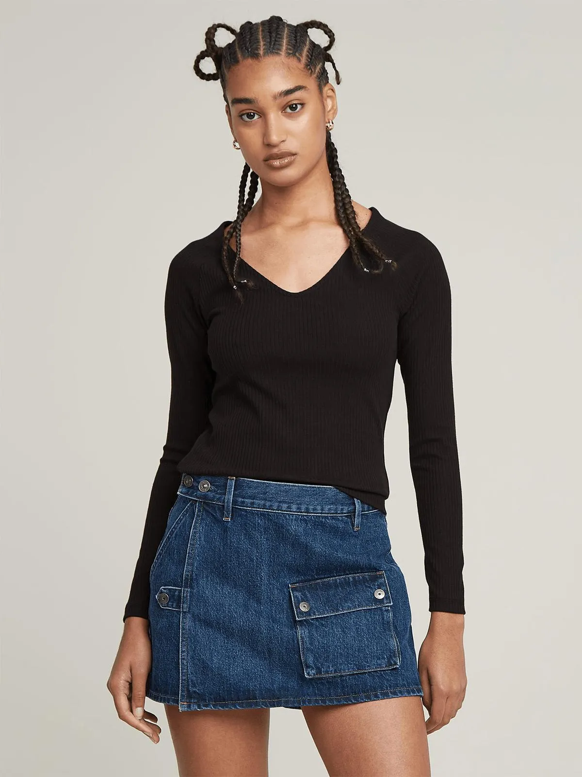 G-Star Women's Slim Rib V-Neck Black Top