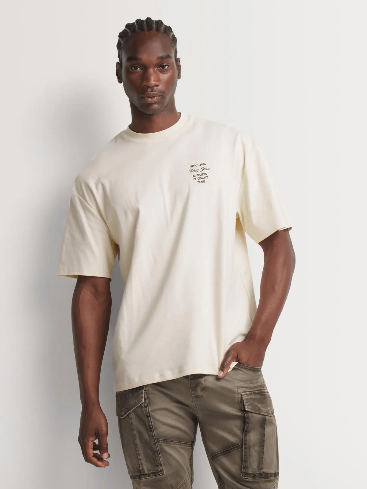 Relay Jeans Men's Oversized Ecru Graphic T-Shirt