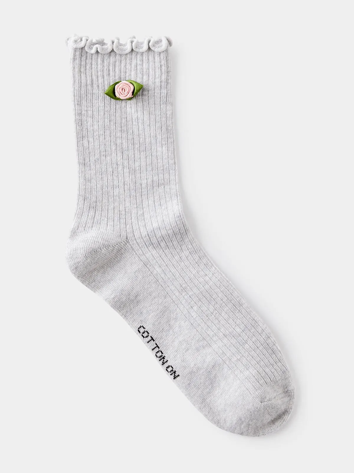 Women's Cotton On Grey Rosette Frill Ribbed Crew Socks