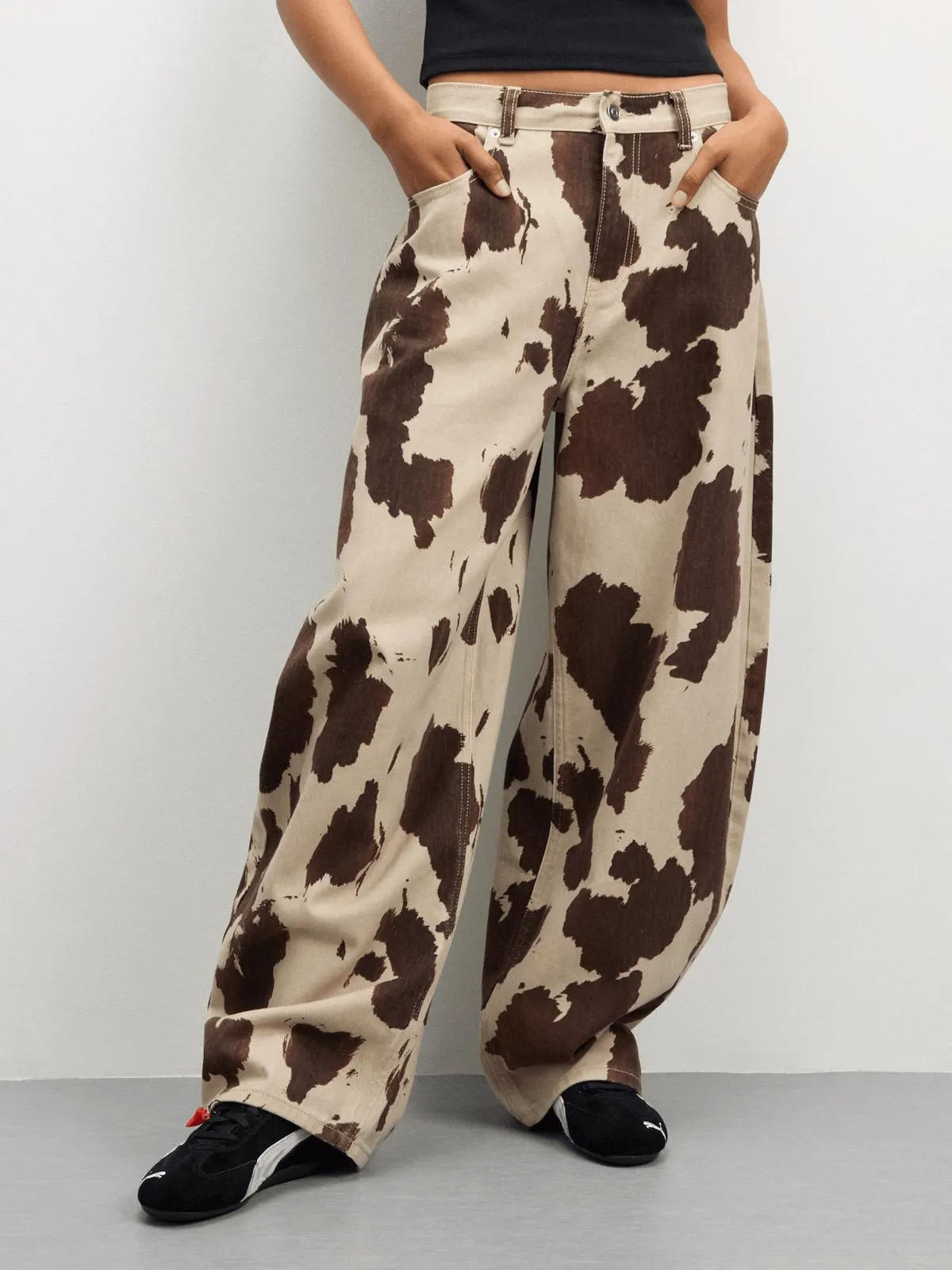 Redbat Women's Cow Print Barrel Jeans