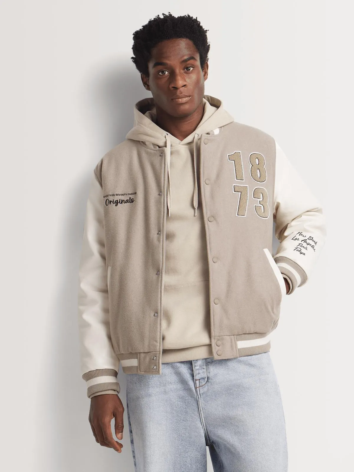 Markham Men's Melton Varsity Natural Bomber Jacket