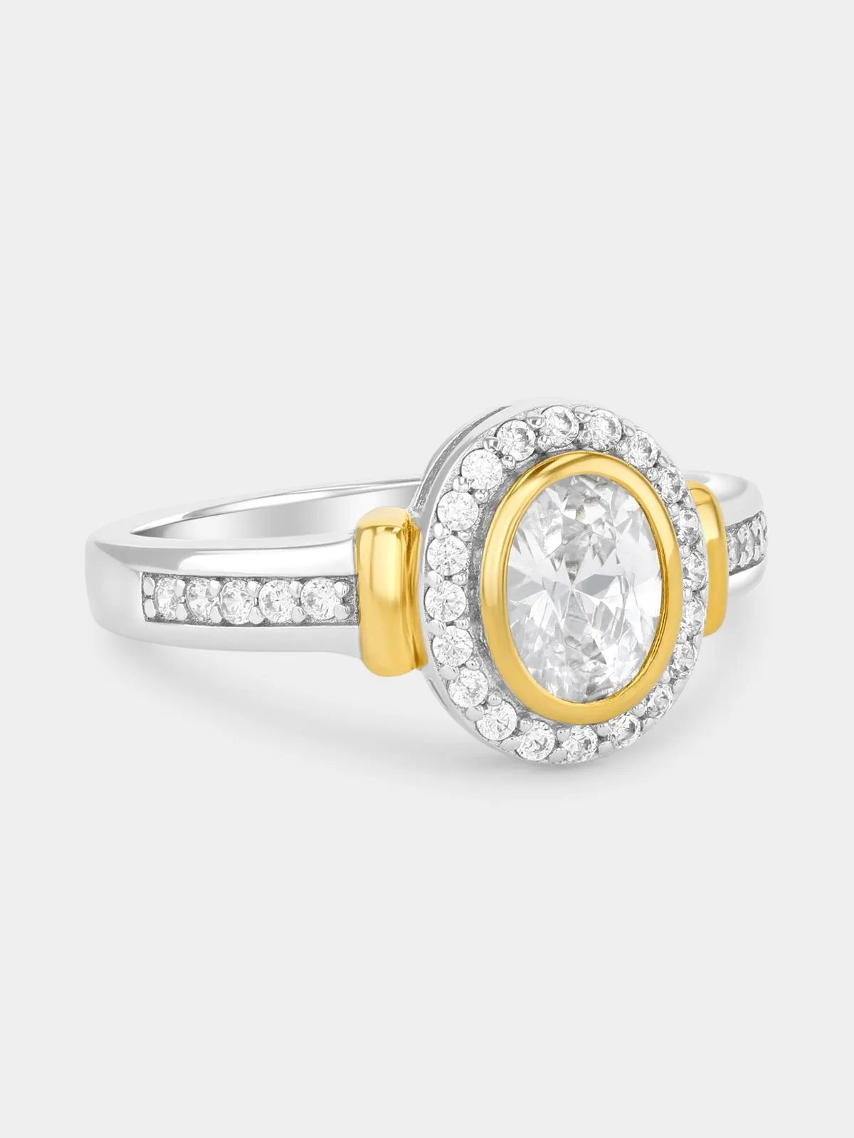 Gold Plated Sterling Silver Cubic Zirconia Two-Tone Oval Halo Ring