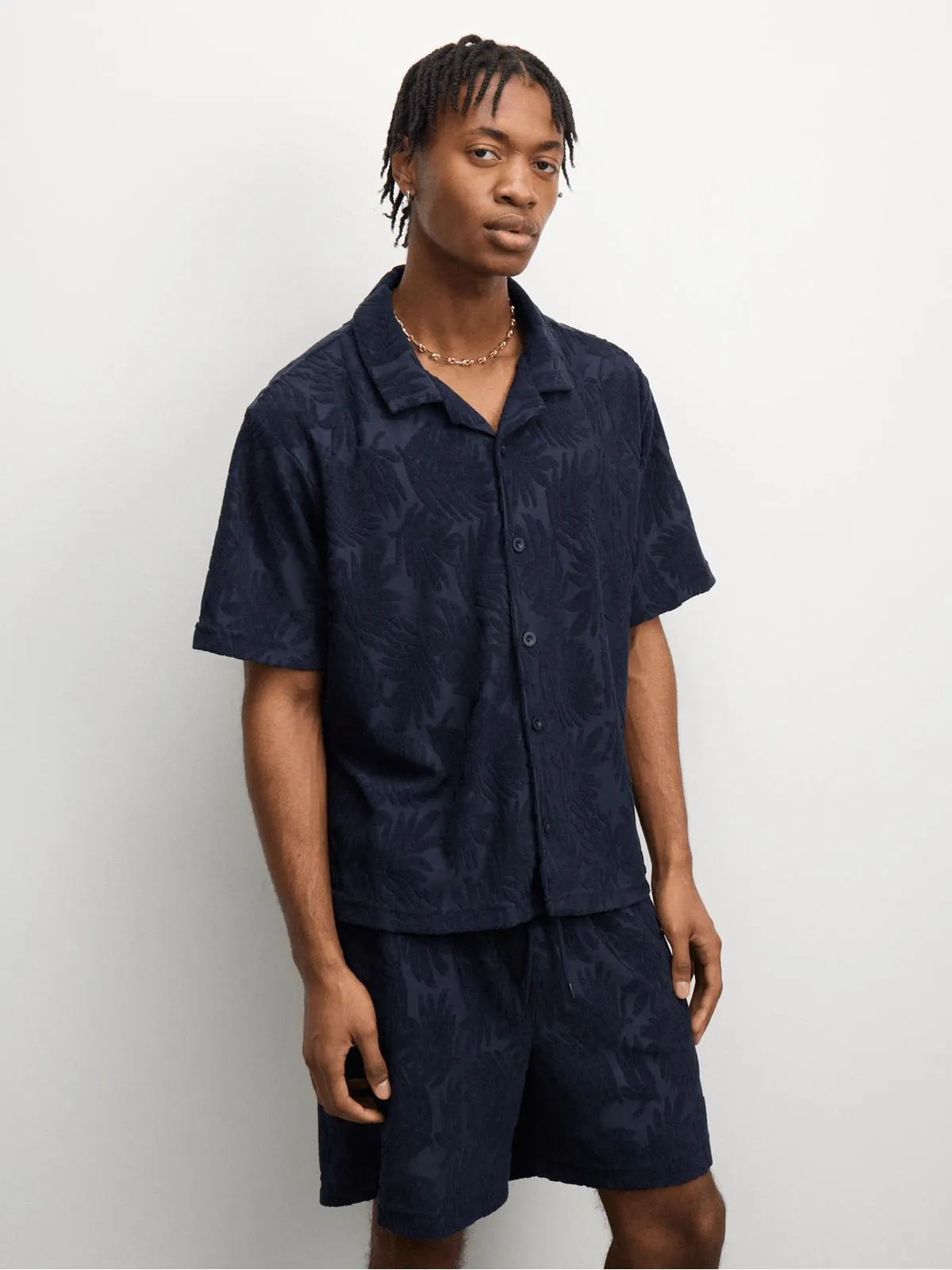 The FIX Men's Navy Co-ord Towelling Burnout Palm Shirt