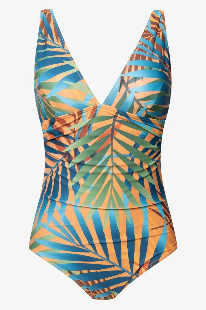 Fern Print Plunge Neckline Swimsuit Blue Multi