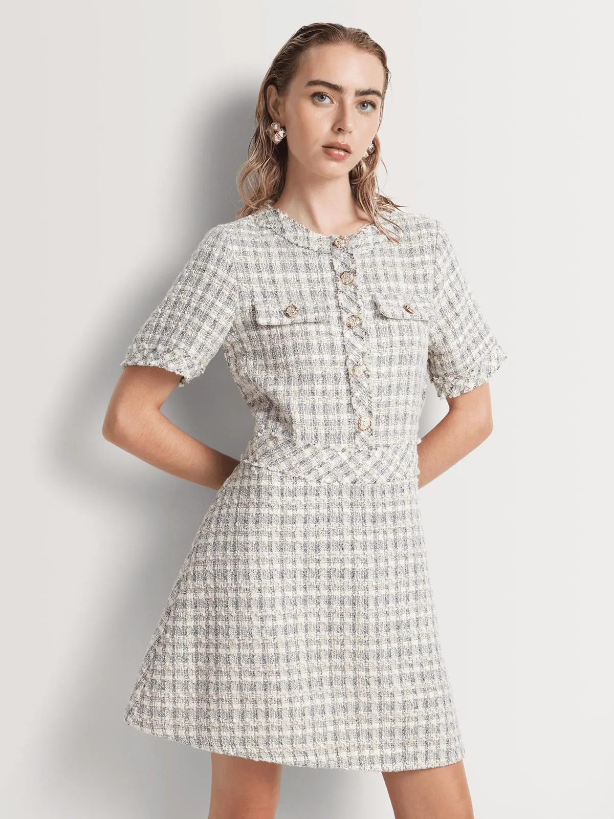 Boucle Fit And Flare Button Dress