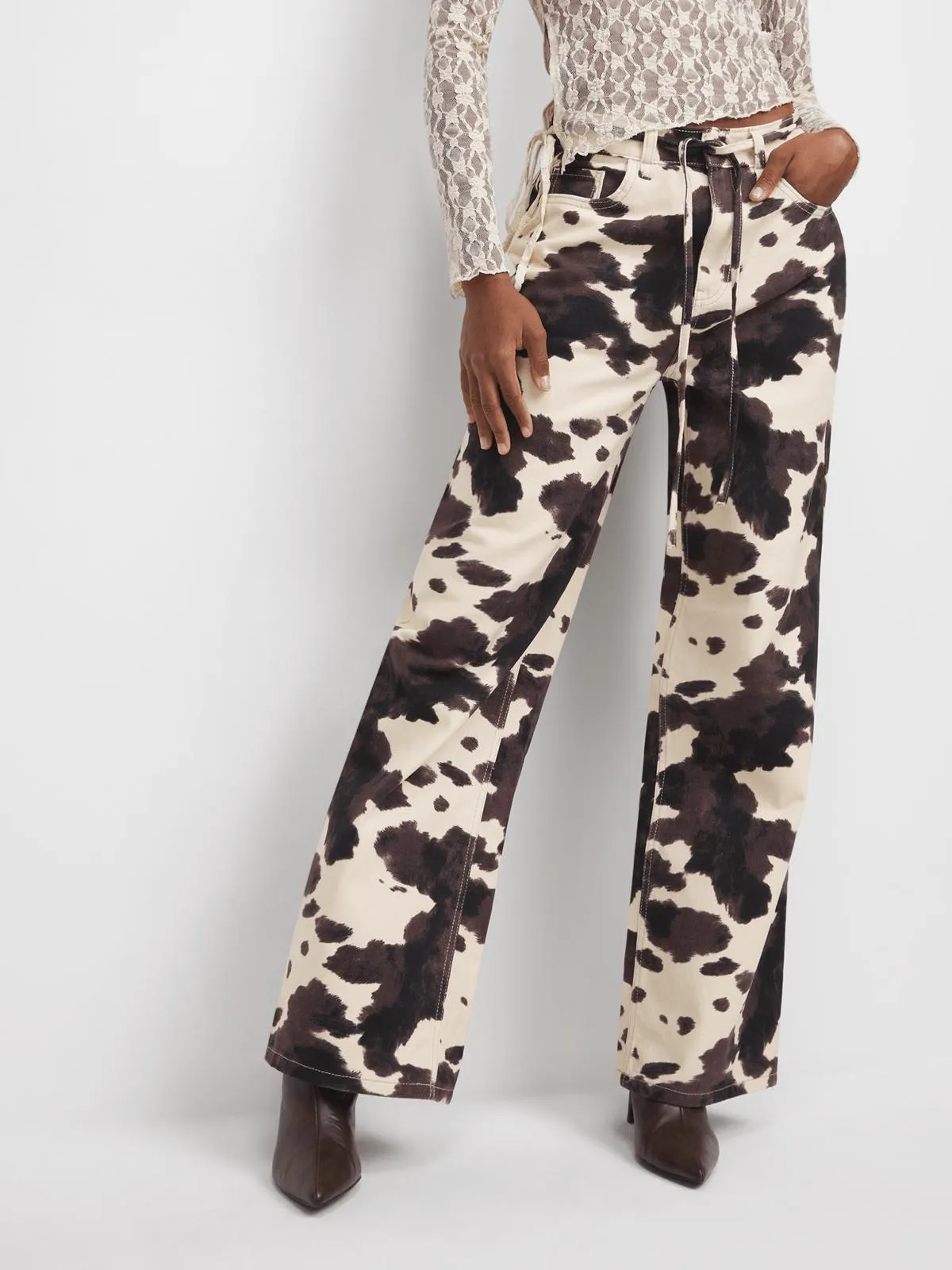 The FIX Women's Stone & Brown Cow Print Wide Leg Denim Jenas