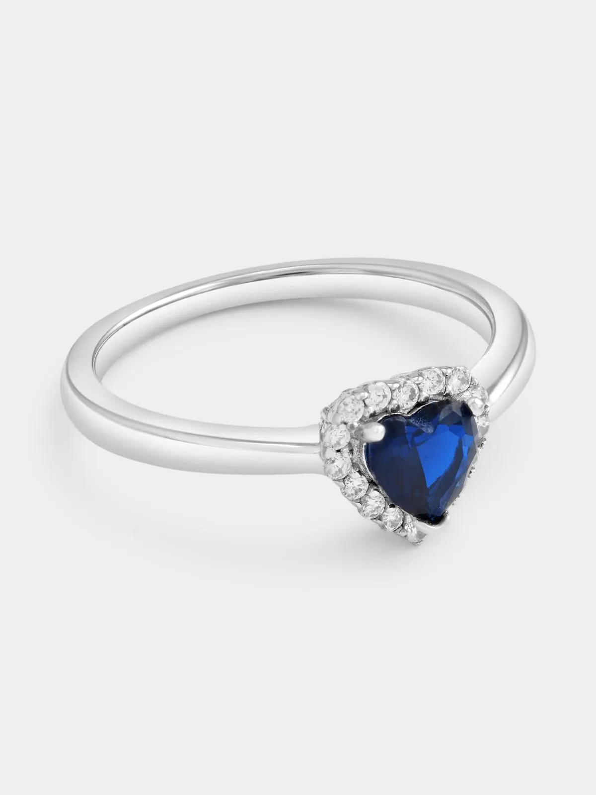 Sterling Silver Sapphire Blue Cubic Zirconia Heart Halo Ring