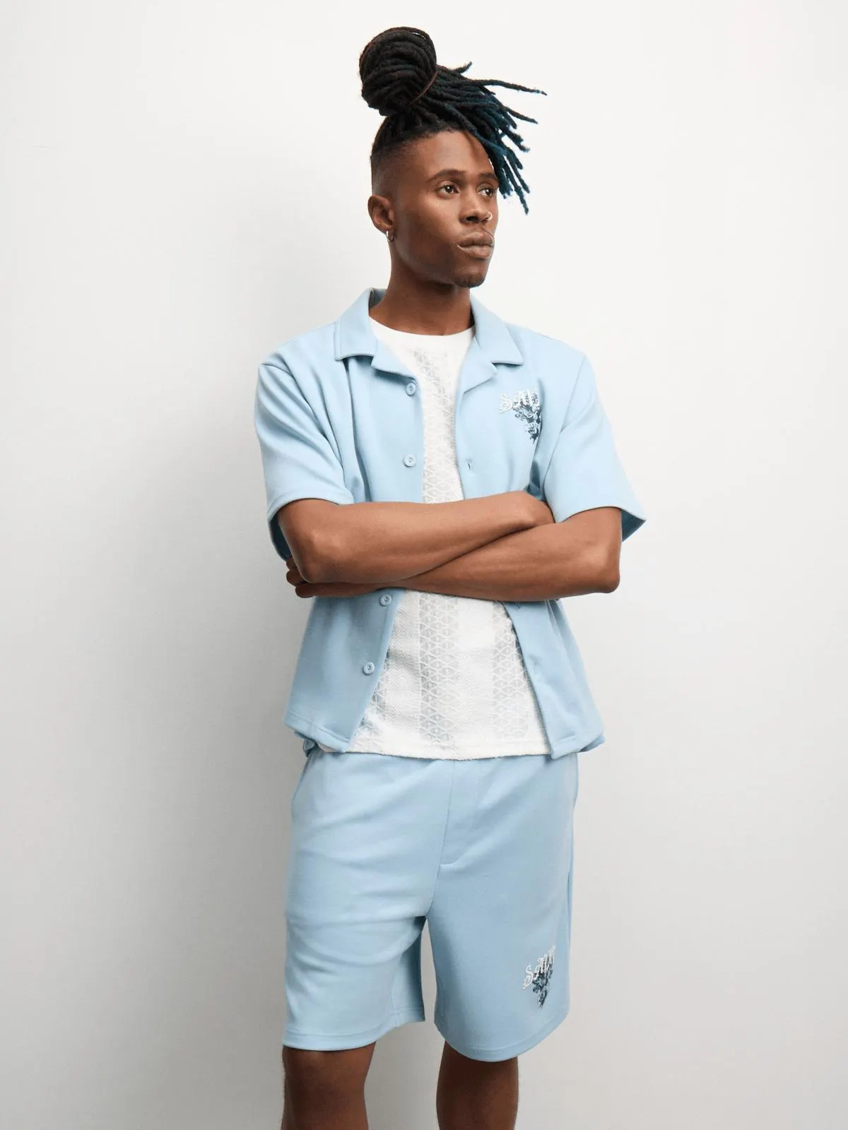 The FIX Men's Light Blue Co-ord Printed Resort Shorts