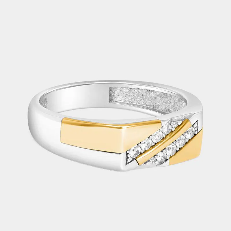 Yellow Gold & Sterling Silver Diamond Double Diagonal Ring