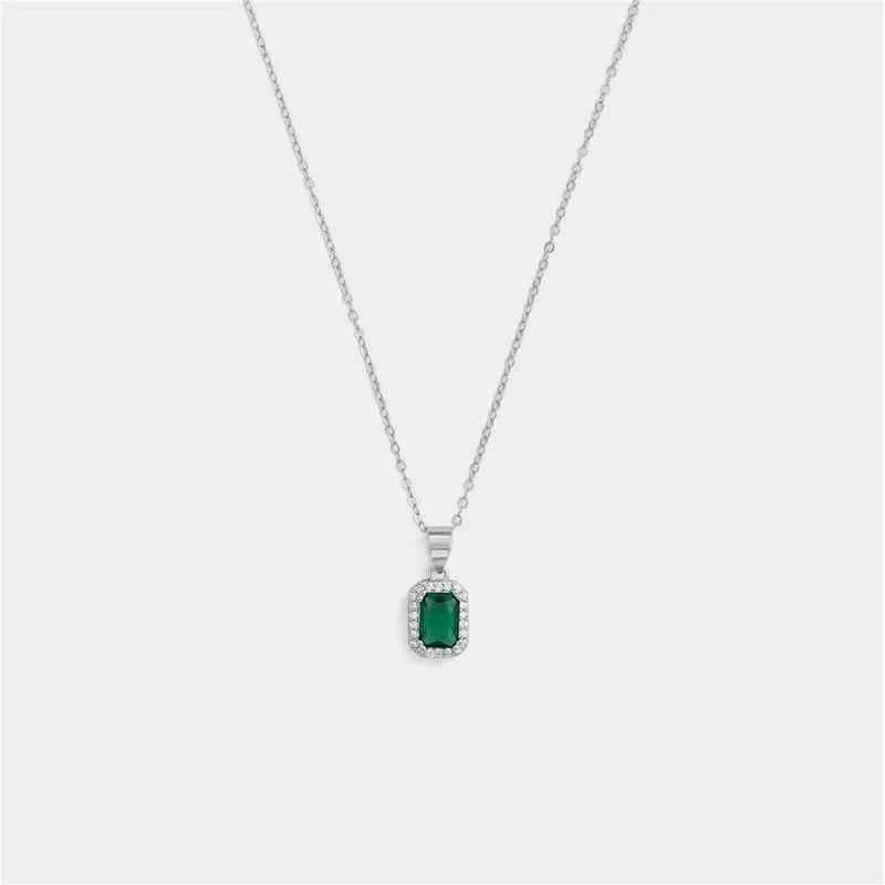 Sterling Silver Green Cubic Zirconia Emerald-Cut Halo Pendant