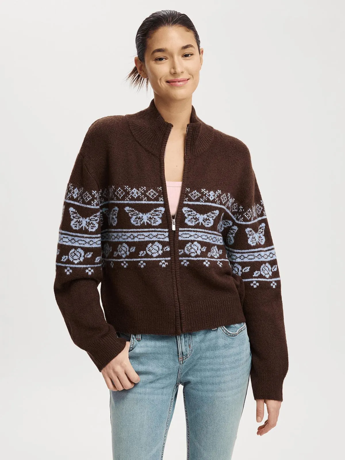 Women's Cotton On Brown Intarsia Knit Bomber Jacket