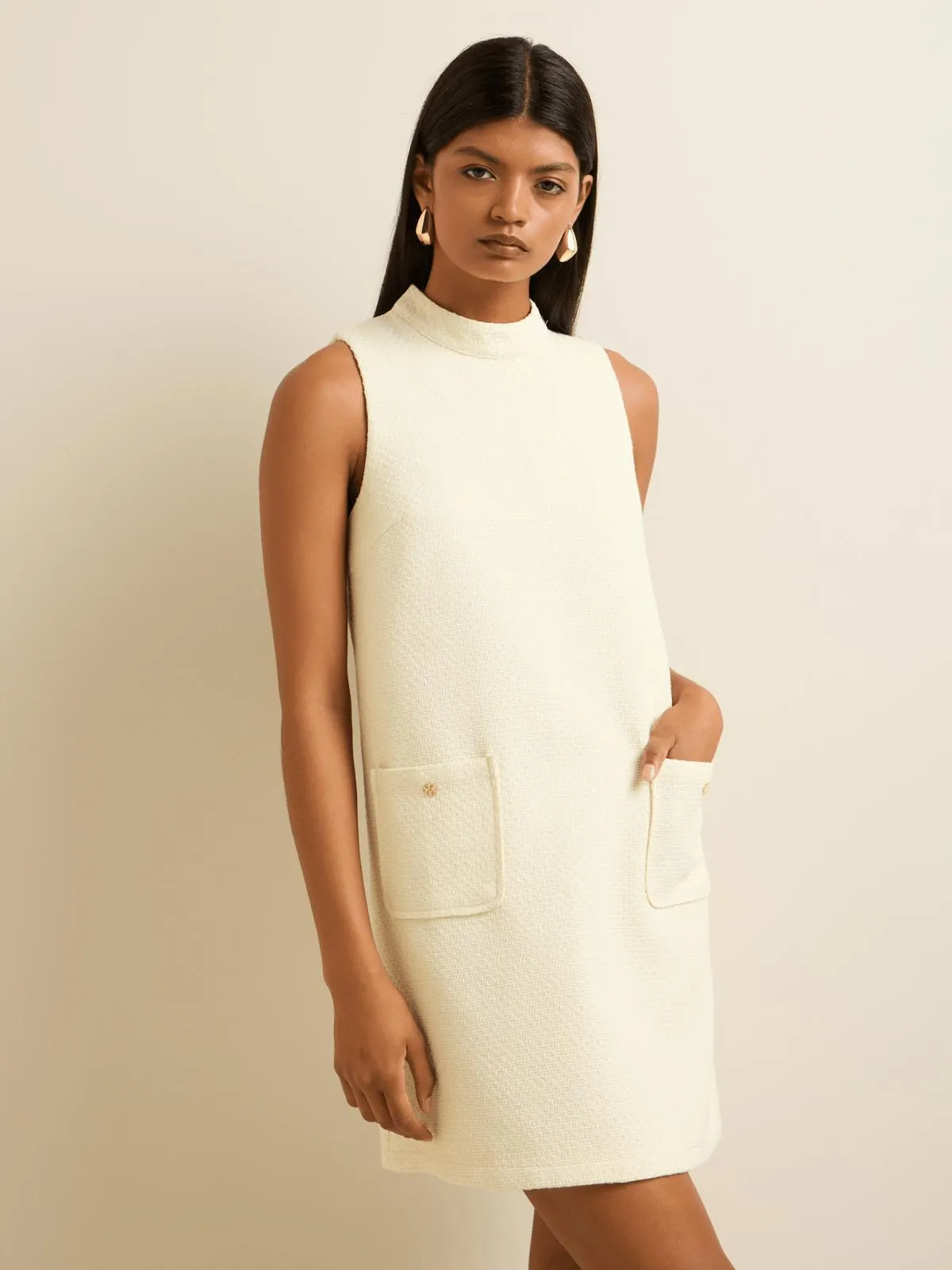 Women's Iconography Funnel Neck Tweed Shift Dress Cream
