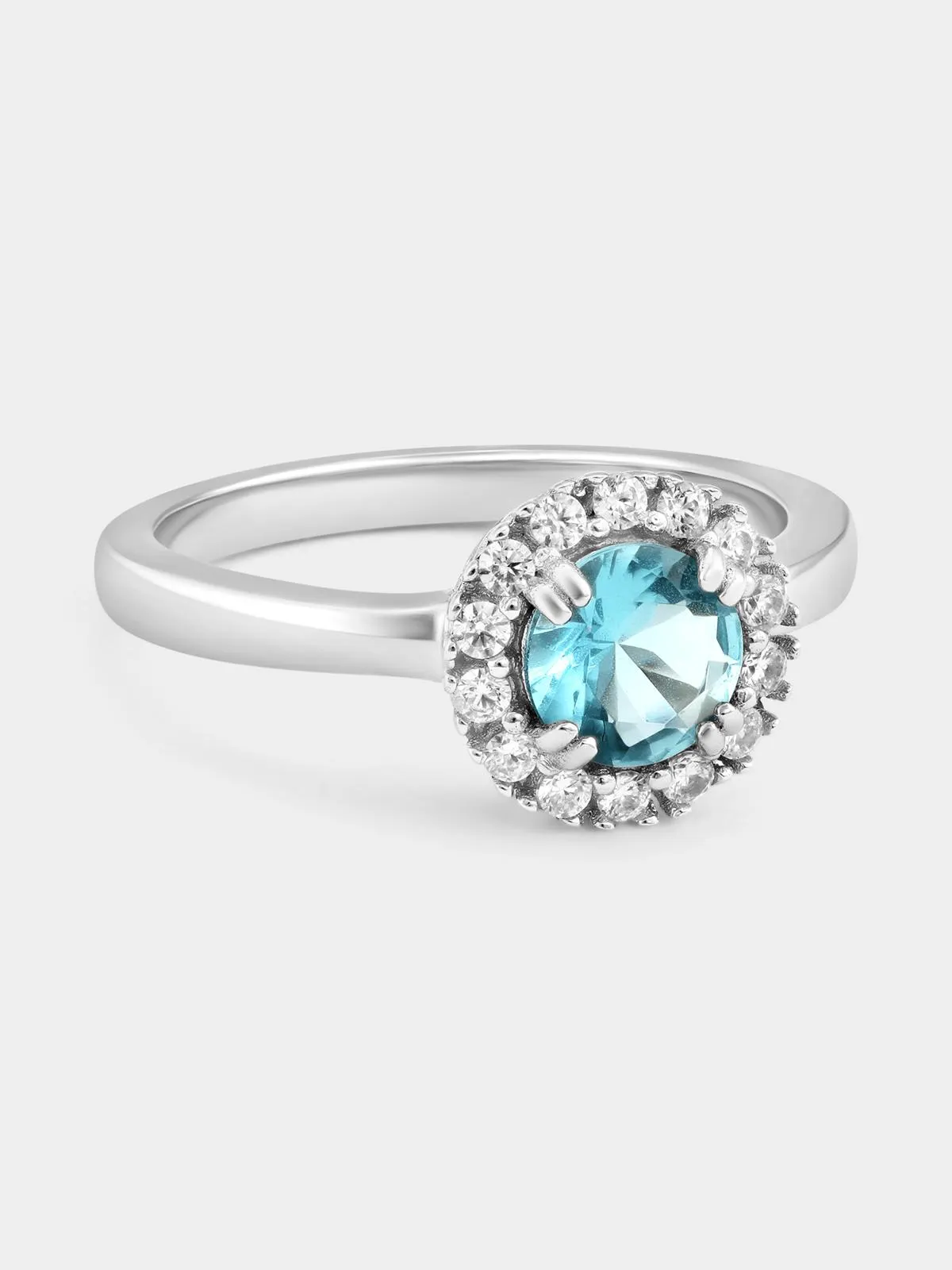 Sterling Silver Aquamarine Cubic Zirconia Round Halo Ring