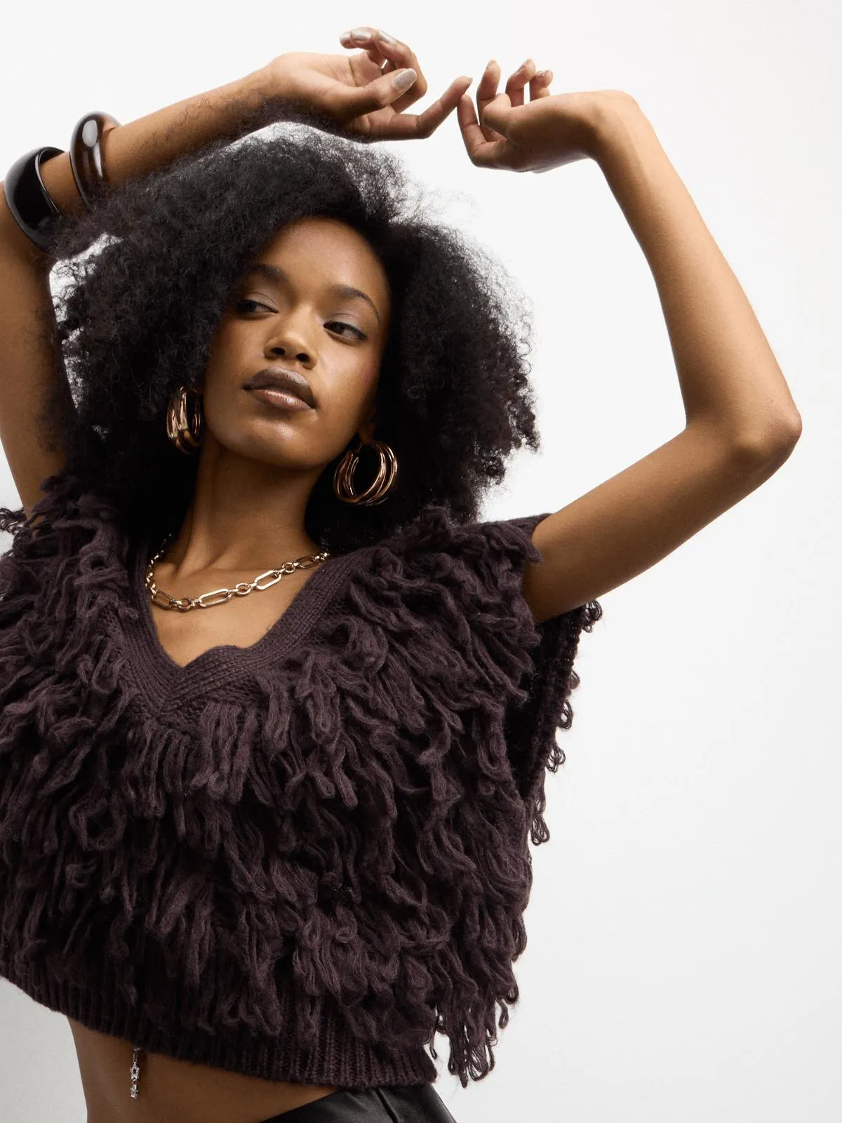 The FIX Women's Brown Knit Shaggy Vest