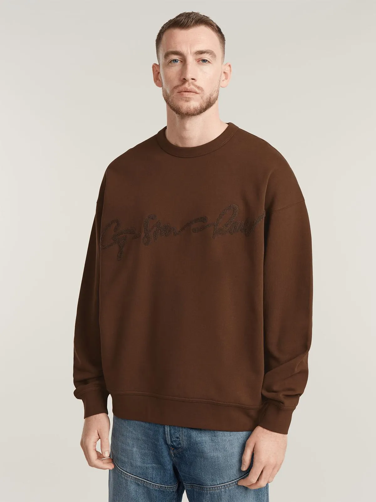 G-Star Men's Chenille G-Script Loose Brown Sweatshirt