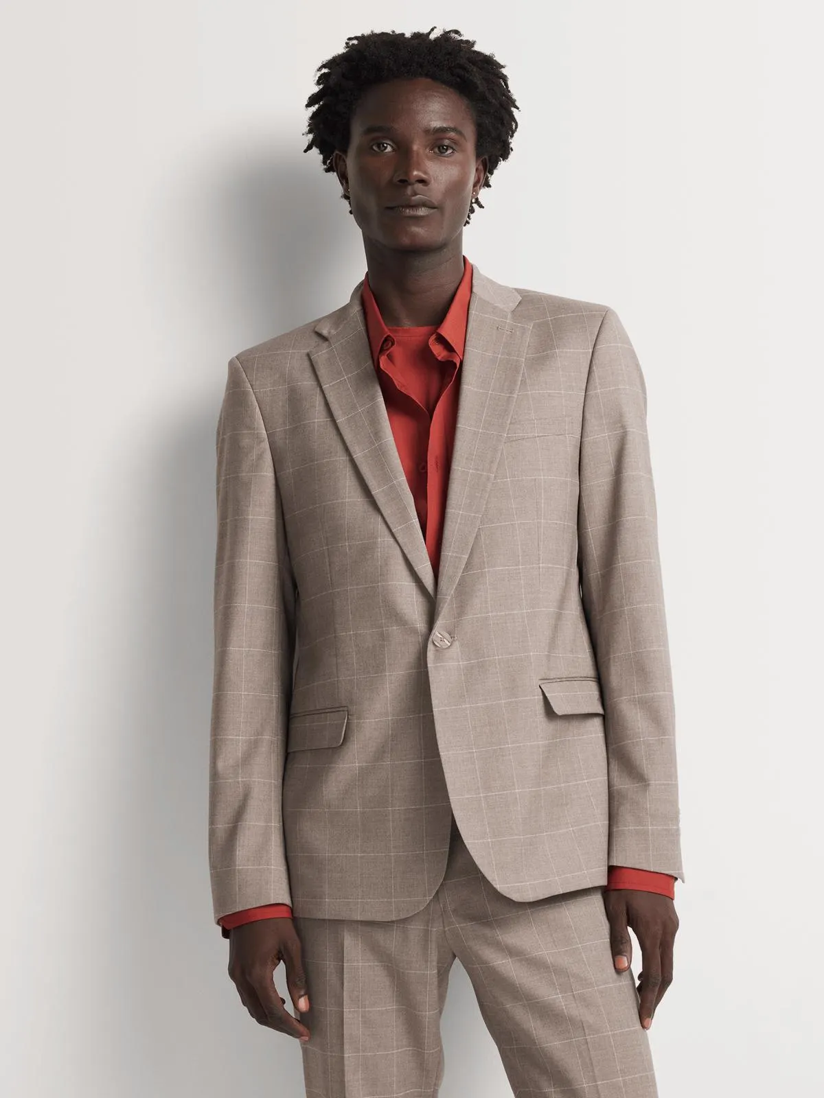 Markham Men's Slim Textured Windowpane Check Camel Suit Jacket