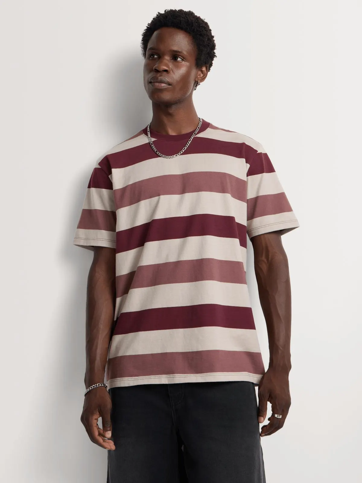 Markham Men’s Boxy Fit Stripe Burgundy T-Shirt