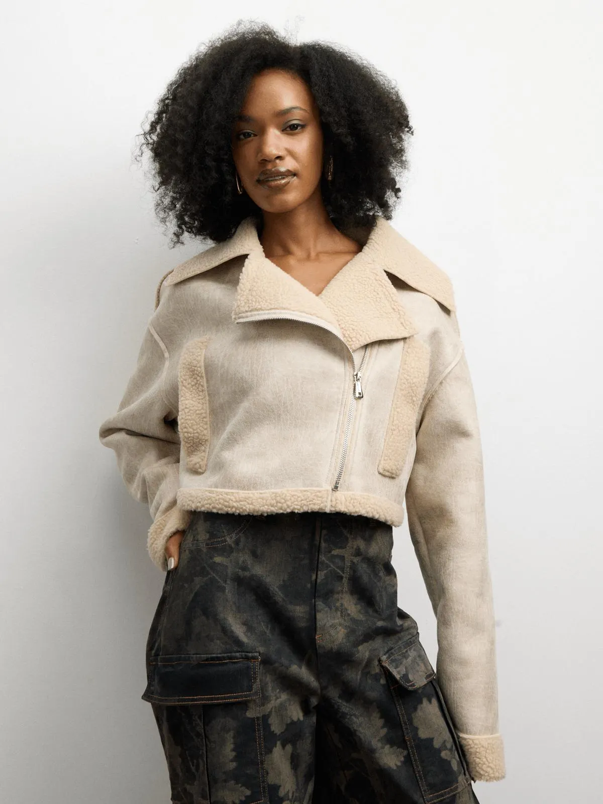 The FIX Women's Brown Suede Bonded Sherpa Crop Jacket