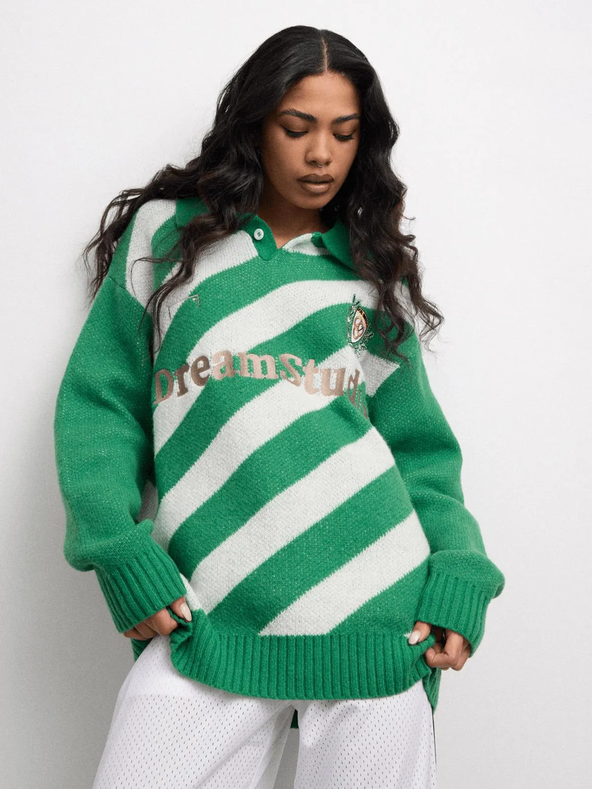 The FIX Women's Green & White Striped Polo Jumper