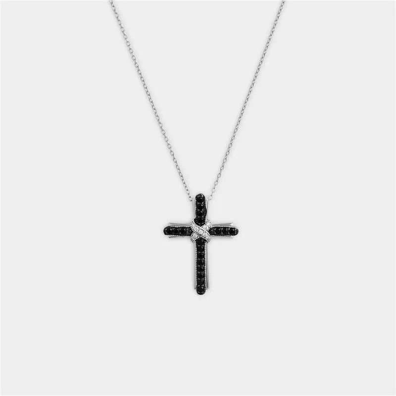 Sterling Silver Black & White Cubic Zirconia Kiss Cross Pendant